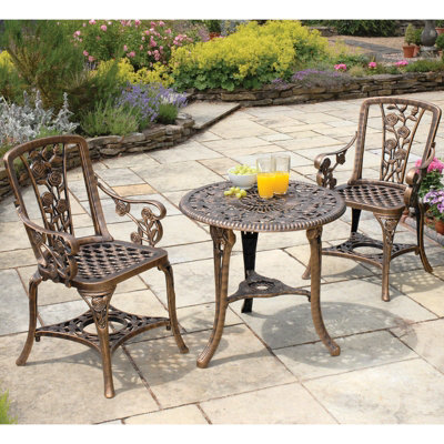 3-pc "Rose" Arm Chair Patio Set, Garden Bistro Table and Chairs Bronze