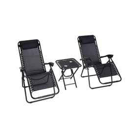 3 Pcs Zero Gravity Garden Recliners, Adjustable Sun Loungers with Coffee Table & 2 Cup Holders - Black