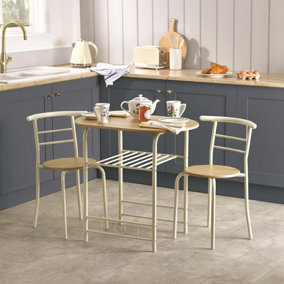 3 Piece Buttermilk Compact Dining Set - Table & 2 Chairs with Steel Frame & Wood Effect Top - Kitchen or Dining Room Furniture