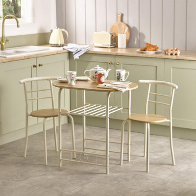 3 Piece Buttermilk Compact Dining Set - Table & 2 Chairs with Steel Frame & Wood Effect Top - Kitchen or Dining Room Furniture