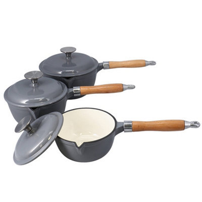 3 Piece Cast Iron Saucepan Set Grey