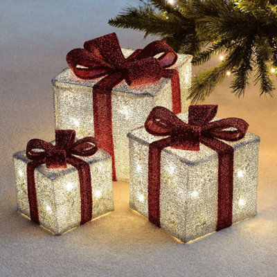 3-Piece Decorative Christmas Parcel Set with LED Lights and Bows, Ideal for Festive Displays