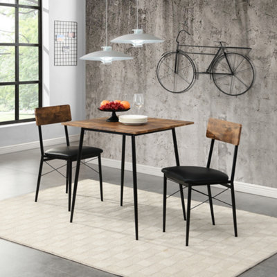 3-Piece Dining Set with 2 Chairs, Particle Board Table with Steel Legs, PU Leather Chairs for Kitchen or Dining Room (Brown+Black)