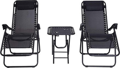 3-Piece Folding Garden Chair Set with Table - Zero Gravity Reclining Sun Loungers, Outdoor Adjustable Portable Recliners