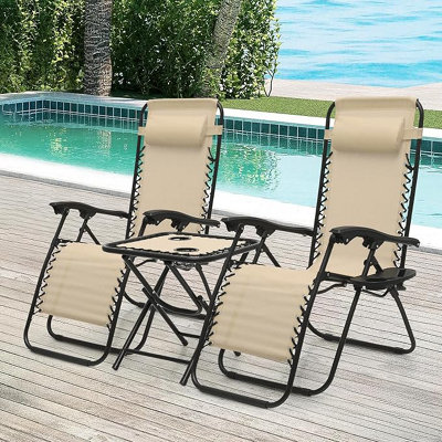 3 Piece Folding Zero Gravity Brown Chair Set with Table / Ultimate Comfort for Outdoor Relaxation - 3