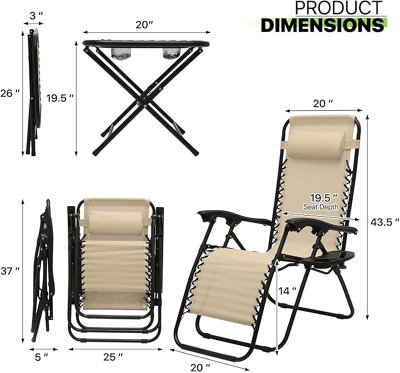 3 Piece Folding Zero Gravity Brown Chair Set with Table / Ultimate Comfort for Outdoor Relaxation - 5
