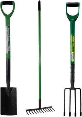 3 Piece Garden Digging Spade Border Fork & Lawn Rake Gardening Soil ...
