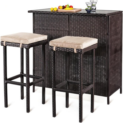 3 Piece Garden Patio Rattan Wicker Bar Table 2 Stool Chairs Bistro ...