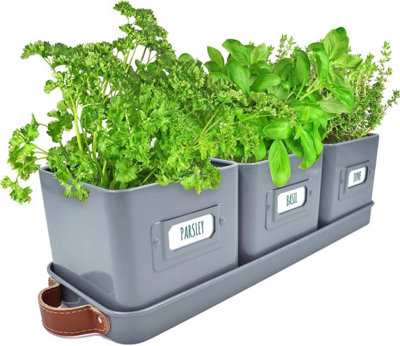 3-Piece Herb Planter Set with Tray - Charcoal Grey Indoor Herb Pots with Labels & Leather Handles