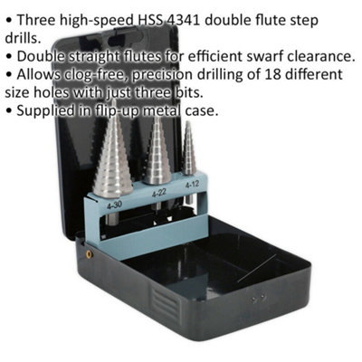 3 Piece HSS 4341 Double Flute Step Drill Bit - 3 Sizes - Precision Hole Drilling