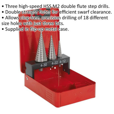 3 Piece HSS M2 Double Flute Step Drill Bit Set - 3 Sizes - Precision Hole Drill