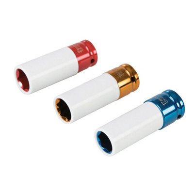 3 Piece Impact Alloy Wheel Nut Socket Set 17mm 19mm 21mm Colour Coded Driver