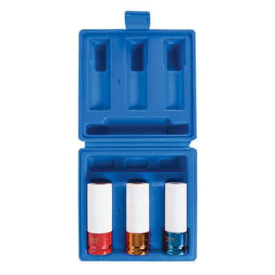 3 Piece Impact Alloy Wheel Nut Socket Set 17mm 19mm 21mm Colour Coded Driver