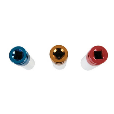 3 Piece Impact Alloy Wheel Nut Socket Set 17mm 19mm 21mm Colour Coded Driver