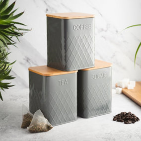 3-Piece Kitchen Storage Square with Bamboo Lids Tea Coffee Sugar