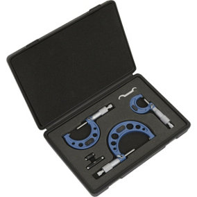 3 Piece Metric Micrometer Set - Lined Storage Case - Calibrated Extension Bars
