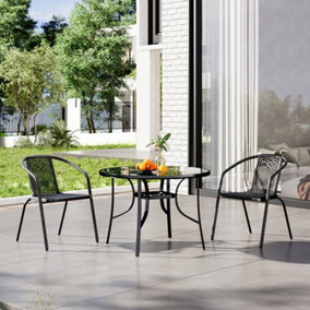 3 Piece Outdoor Black 2 Seater Stacking Chairs and Round Coffee Table Set Garden Bistro Set Dining Room Set