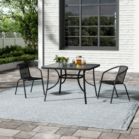 3 Piece Outdoor Garden Black Glass Umbrella Table and Stacking Chairs Furniture Set Dining Set for Patio Lounge Balcony
