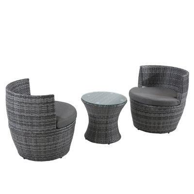 3-Piece Outdoor Rattan Bistro Set, Garden Wicker Structure Furniture Vase Chair Set with Cushion and Glass Top Coffee Table - Gray