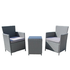 3 Piece Rattan Garden Furniture Set, 2 Seater Patio Bistro Set with Glass Top Table, Soft Cushion - Gray