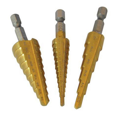 3 Piece Titanium Coated Step Drill Set Bits Taper Cone Sheet Metal DIY at B Q