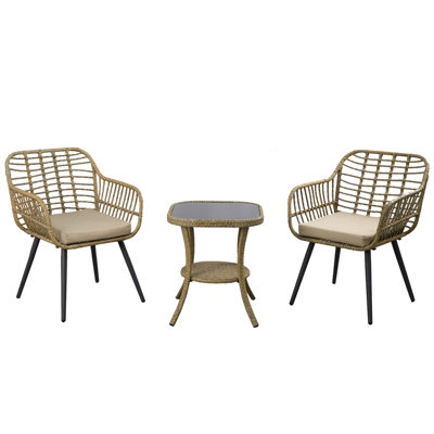 3 Pieces Rattan Garden Furniture Set, 2 Seaters Rattan Bistro Set with