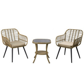 3 Pieces Rattan Garden Furniture Set, 2 Seaters Rattan Bistro Set with Glass Top Table, Soft Cushion + High Glass Top Table