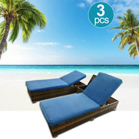 3 Pieces Rattan Sun Lounger Set, 2 Rattan Lounger with Cushion + Storage Rattan Table, Backrest Adjustable - Blue
