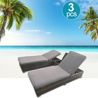 3 Pieces Rattan Sun Lounger Set, 2 Rattan Lounger with Cushion ...