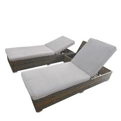 3 Pieces Rattan Sun Lounger Set 2 Rattan Lounger with Cushion Storage Rattan Table Backrest Adjustable Gray DIY at B Q