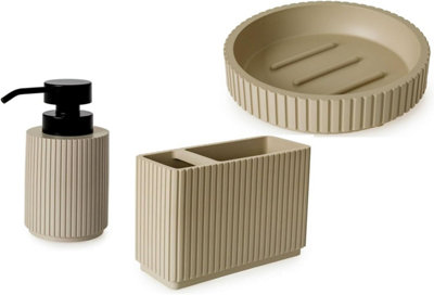 3 Pieces Textured Edge Bathroom Accessories Organiser Set - Almond