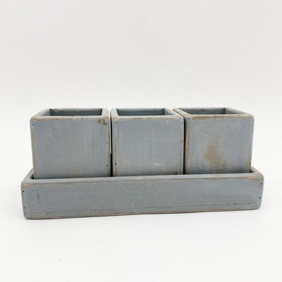 3 Planters on Tray - Wooden - L8 x W25 x H15 cm