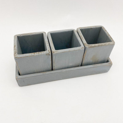 3 Planters on Tray - Wooden - L8 x W25 x H15 cm