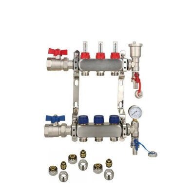 3 Ports Stainless Steel UFH Manifold with 15mm Pipe Connections, 1 inch Ball Valves, Automatic Air Vent & Pressure Gauge