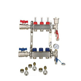 3 Ports Stainless Steel UFH Manifold with 15mm Pipe Connections, 1 inch Ball Valves, Automatic Air Vent & Pressure Gauge