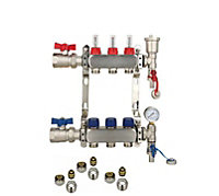 3 Ports Stainless Steel UFH Manifold with 16mm Pipe Connections, 1 inch Ball Valves, Automatic Air Vent & Pressure Gauge