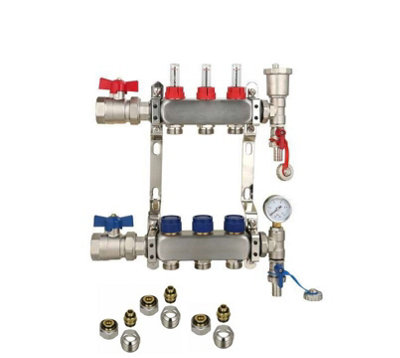 3 Ports Stainless Steel UFH Manifold with 16mm Pipe Connections, 1 inch Ball Valves, Automatic Air Vent & Pressure Gauge