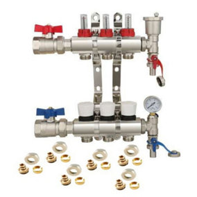 3 Ports Water Underfloor Heating Manifold with 16mm Pipe Connections, 1 inch Ball Valves, Automatic Air Vent & Pressure Gauge