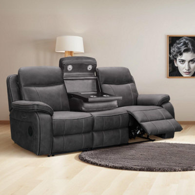 3 Seater Electric Recliner Sofa with Bluetooth Speakers and Power Headrests in Grey Resilience Fabric - Vinson