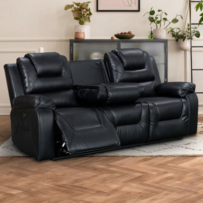 3 Seater Electric Reclining Sofa with Wireless Charger & USB Ports in Black Leather Aire - Vancouver