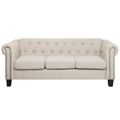 3 Seater Fabric Sofa Nailhead Trim Beige CHESTERFIELD