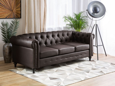 3 Seater Faux Leather Sofa Brown CHESTERFIELD
