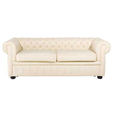 3 Seater Leather Sofa Cream CHESTERFIELD