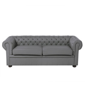 3 Seater Leather Sofa Grey CHESTERFIELD