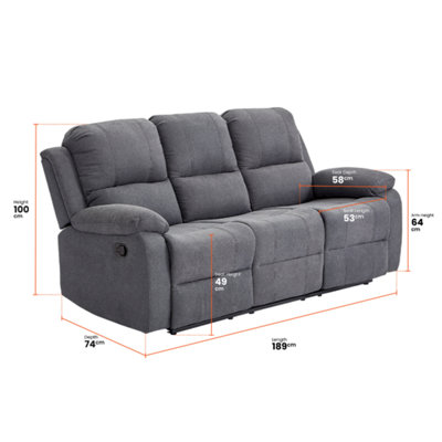 3 Seater Manual Reclining Sofa in Dark Grey Fabric - Trento