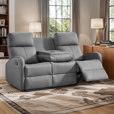 3 Seater Manual Reclining Sofa with Cup Holders in Grey Leather Parma DIY at B Q