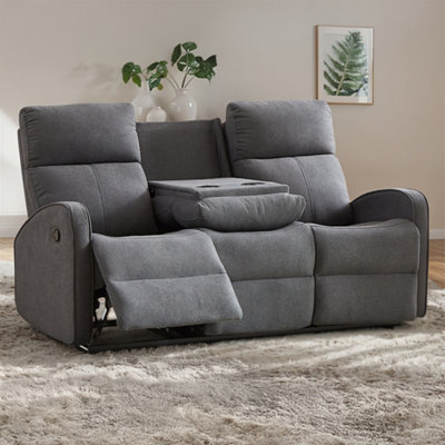 3 Seater Manual Reclining Sofa with Two Cup Holders in Dark Grey Fabric - Parma