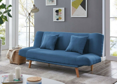 3 Seater Sofa Bed With Matching Cushions Wooden Legs, Blue