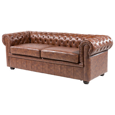 3 Seater Sofa Faux Leather Golden Brown CHESTERFIELD