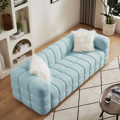3 Seater Sofa, Teddy Fleece Fabric 210 CM Loveseat Couch with 2 Pillow for Living Room Bedroom - Baby Blue